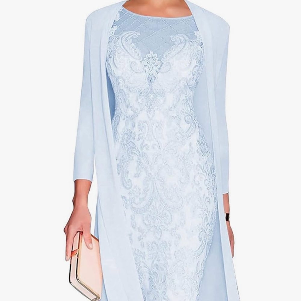 New!! Elegant Light Blue Lace Dress with Sheer Overlay